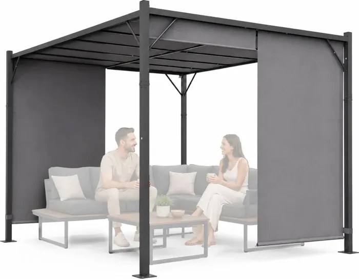 Szara pergola ogrodowa FG-362 z regulowanym zadaszeniem i roletami bocznymi