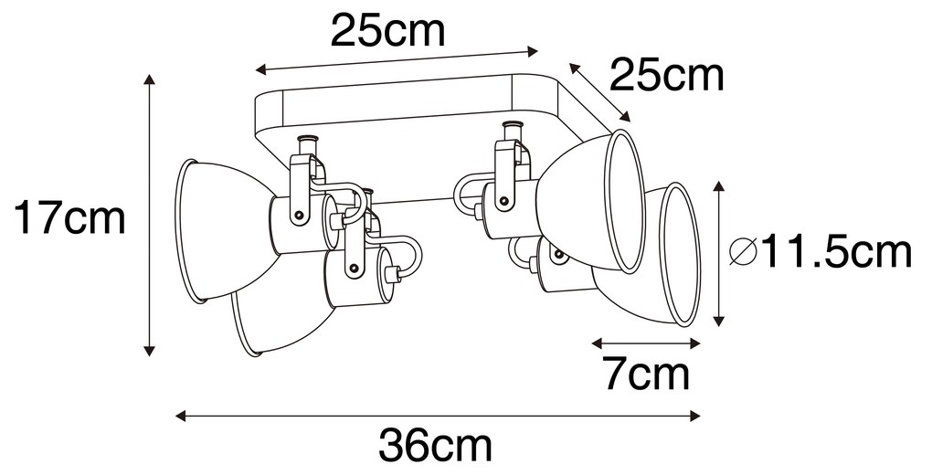 Industrialny reflektor czarny z drewnem, pochylany, 4-światłowy - Tommy