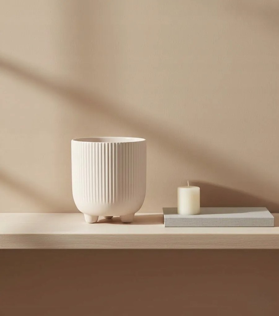 Doniczka Osłonka Beż 15 cm z Ceramiki na Trzech Nóżkach Designerska Donica