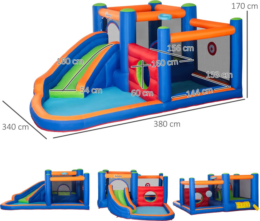 Outsunny Zamek Bawialnia Nadmuchiwany z Zjeżdżalnią Basenem i Strefą Skakania dla 3 Dzieci Wielofunkcyjny | Aosom PL