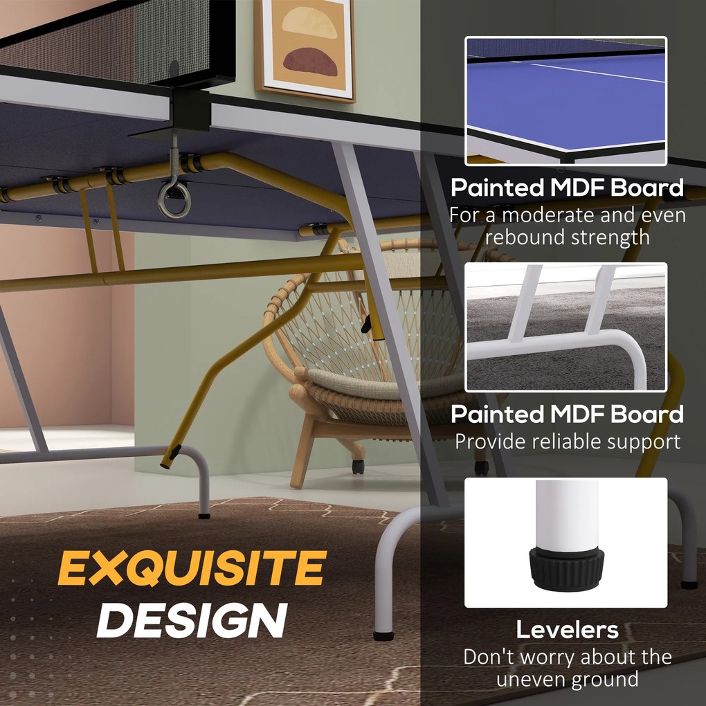 SPORTNOW Stół tenisowy składany z akcesoriami rakietki piłki siatka niebieski 274x152x76 cm | Aosom PL