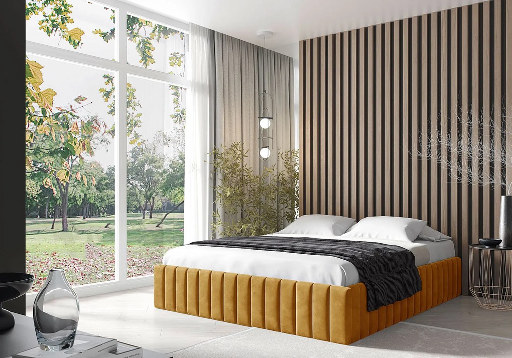 Musztardowe pikowane łóżko z pojemnikiem 5 rozmiarów Z8-M27