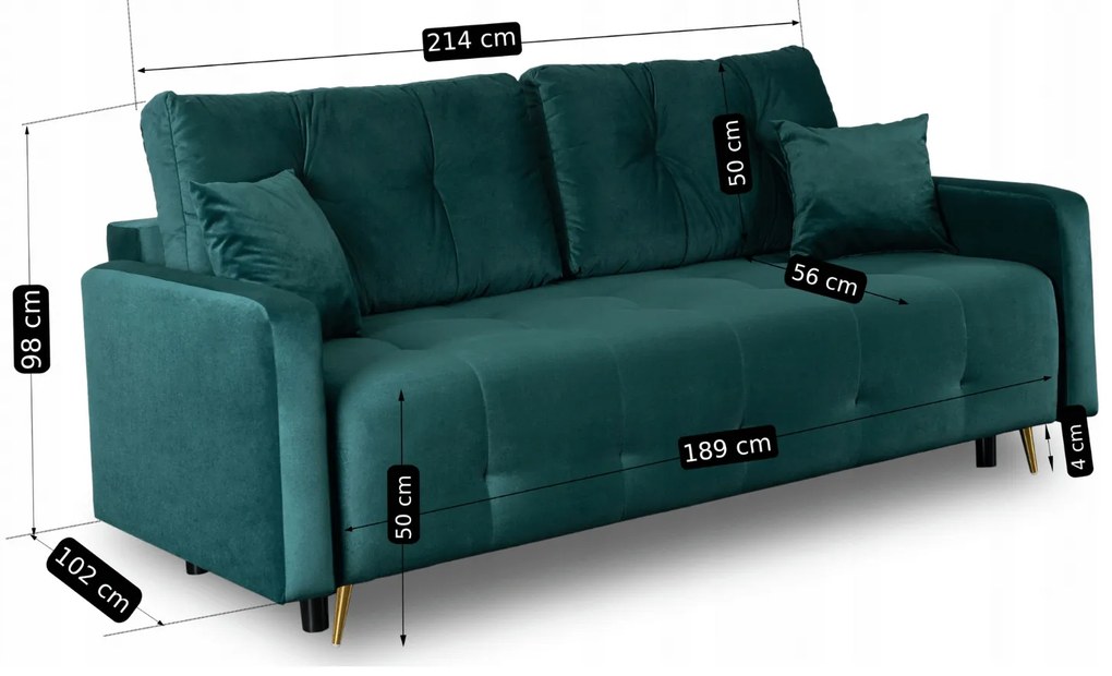 Sofa z Funkcją Spania SEUL Rozkładana Dwuosobowa Welurowa Zielona Nowoczesna do Salonu