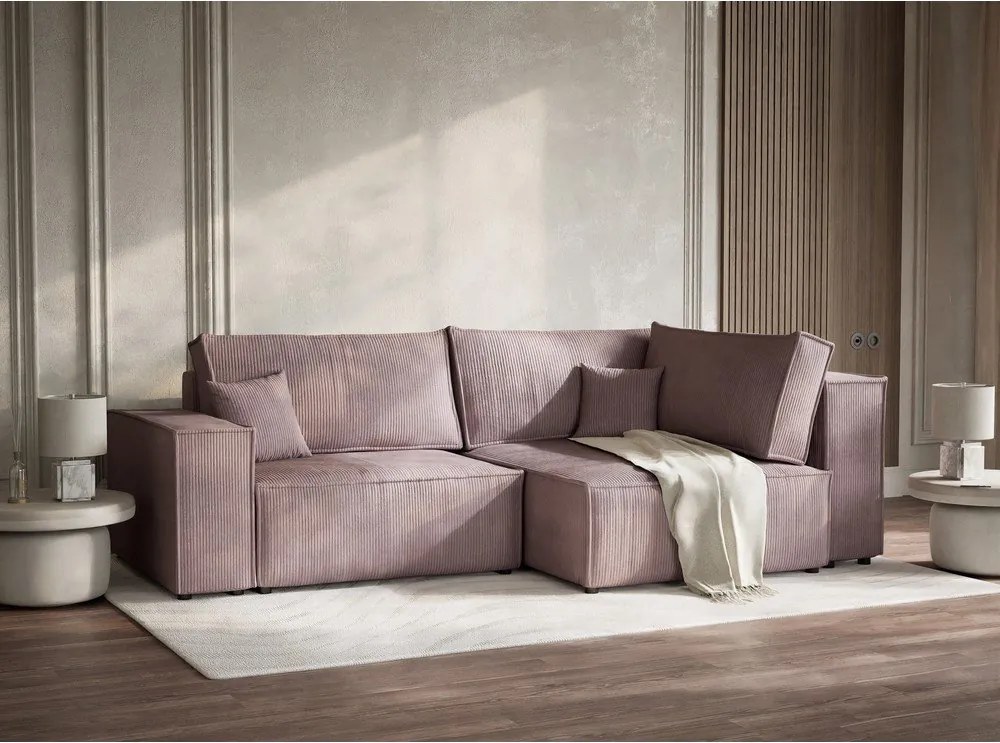 Fioletowy sztruksowy rozkładany narożnik ze schowkiem (prawostronny/w kształcie litery L) Tonga – Maison de Rêve