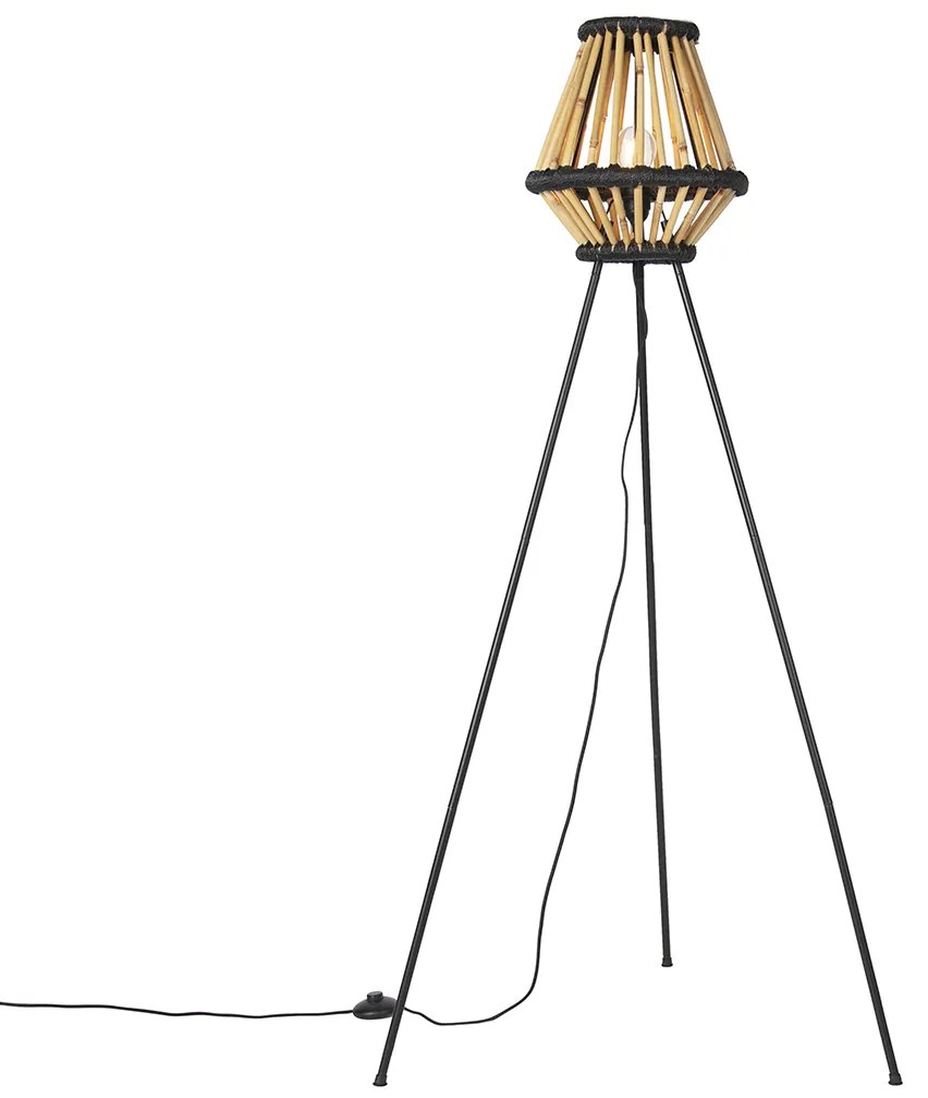 Orientalna lampa podłogowa na trójnogu z bambusa w kolorze czarnym - EvalinKolonialny Oswietlenie wewnetrzne