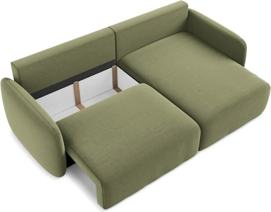 Zielony aksamitny rozkładany narożnik ze schowkiem (prawostronny/z szezlongiem) Kalena – Makamii