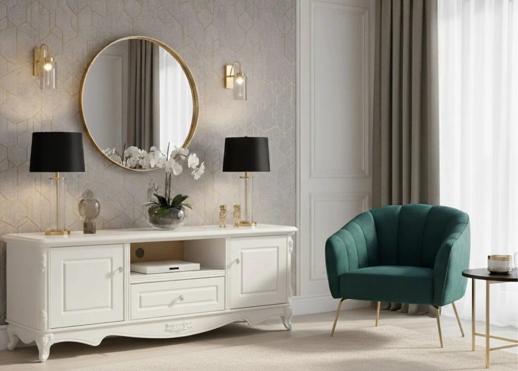 Stylowa szafka pod telewizor Anastasia, w kolorze ecru, wymiary 160x60 cm. Szafka rtv ma cokół z motywem róży, ornamentowe gałki. Francuski styl, kolekcja La Perle.