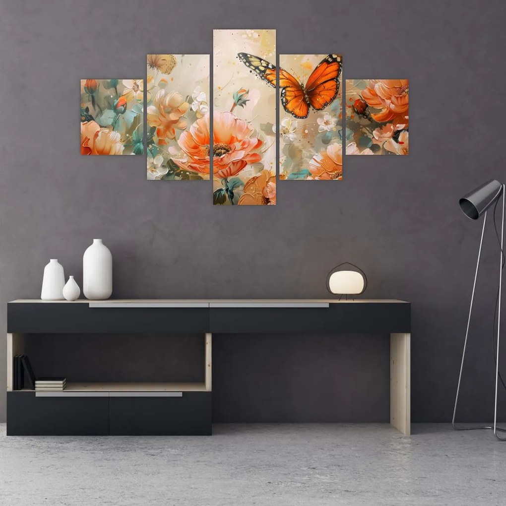 Obraz - Motyl i kwiaty, obraz olejny (125x70 cm)