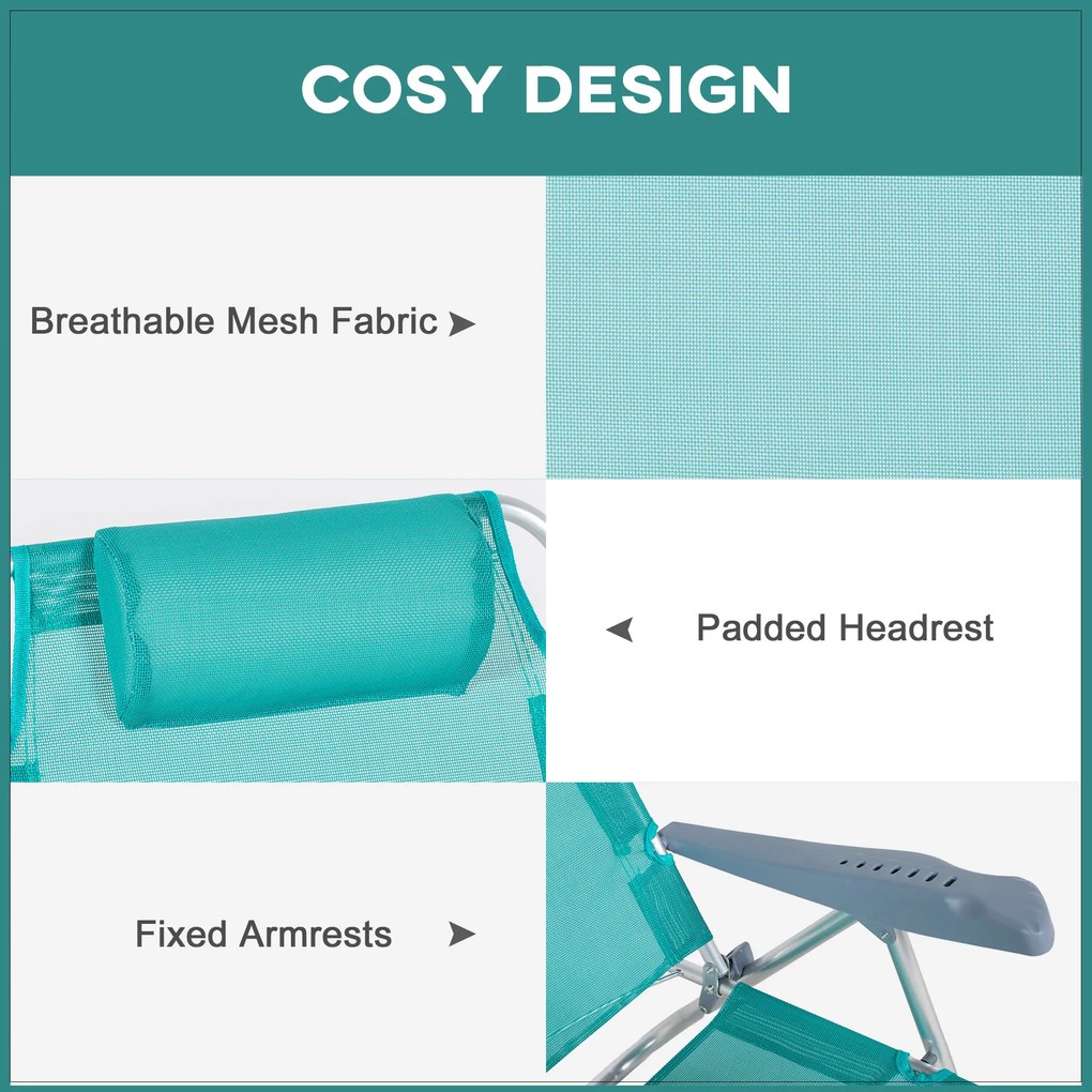 Outsunny Zestaw 2 składanych krzeseł campingowych z siateczkowym regulowanym oparciem i zagłówkiem, 62 x 65 x 80 cm, turkusowe | Aosom PL
