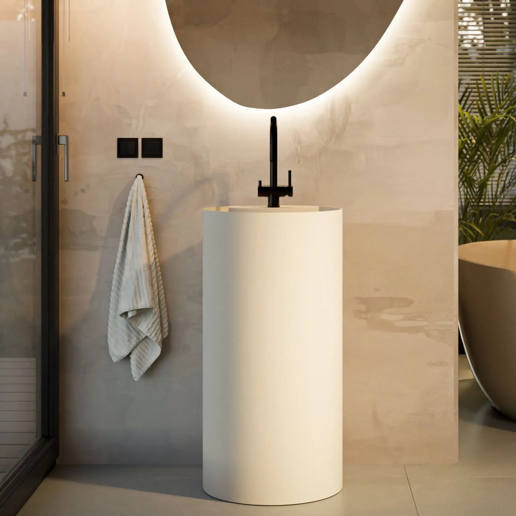 Umywalka z konglomeratu wolnostojąca okrągła beżowa matowa 87 x 44 cm KALMI BEIGE MATT z otworem na baterię : Podłączenie syfonu - Do ściany