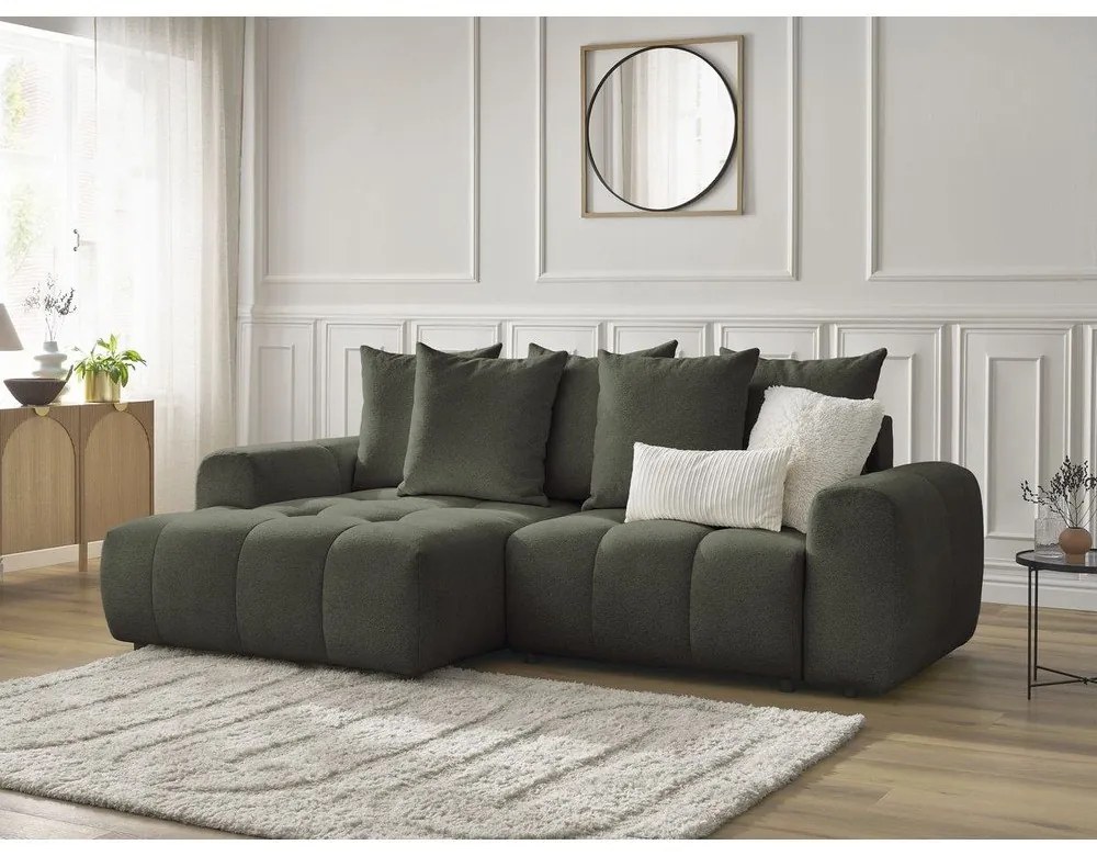 Rozkładany/ze schowkiem narożnik z tkaniny szenilowej (lewostronny/z szezlongiem) w kolorze khaki Roxelane – Bobochic Paris