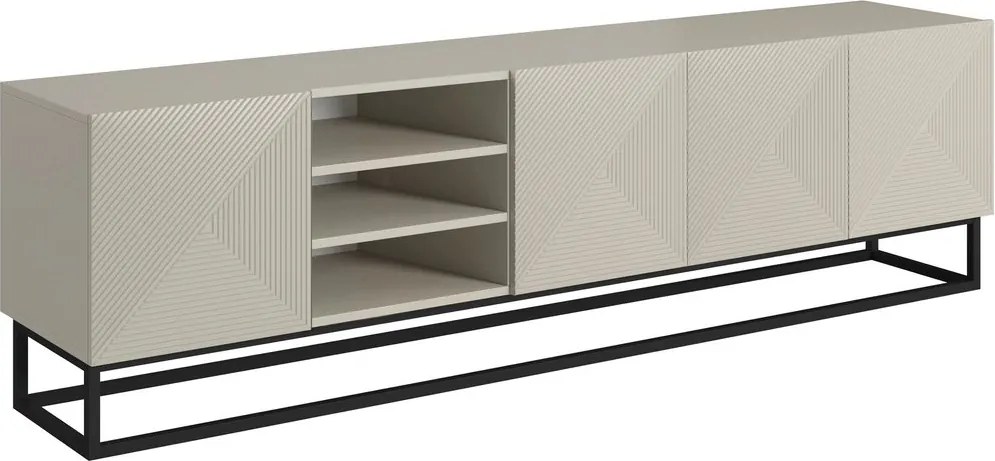 Szafka RTV Asha 200 cm ryflowana z wnęką i czarnym stelażem - kaszmir