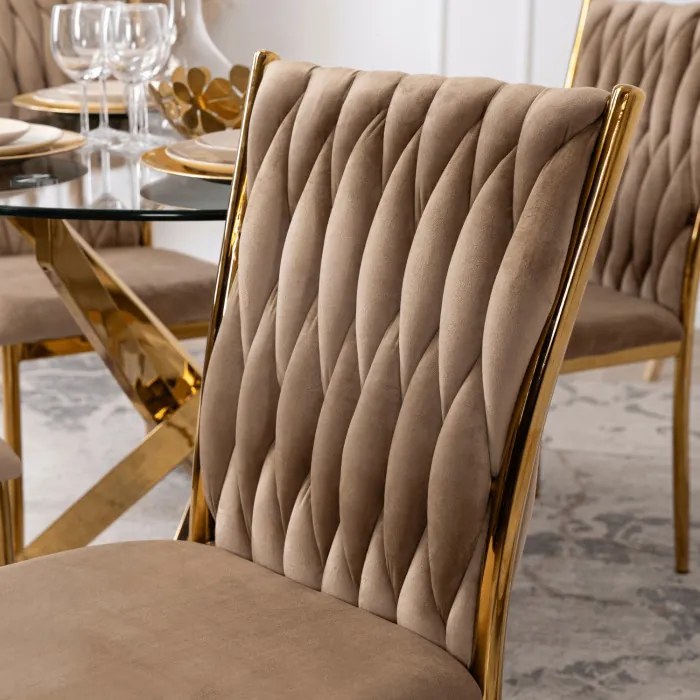 Krzesło Tapicerowane Plecione do Salonu DAN Beżowe Welurowe Nowoczesne Glamour