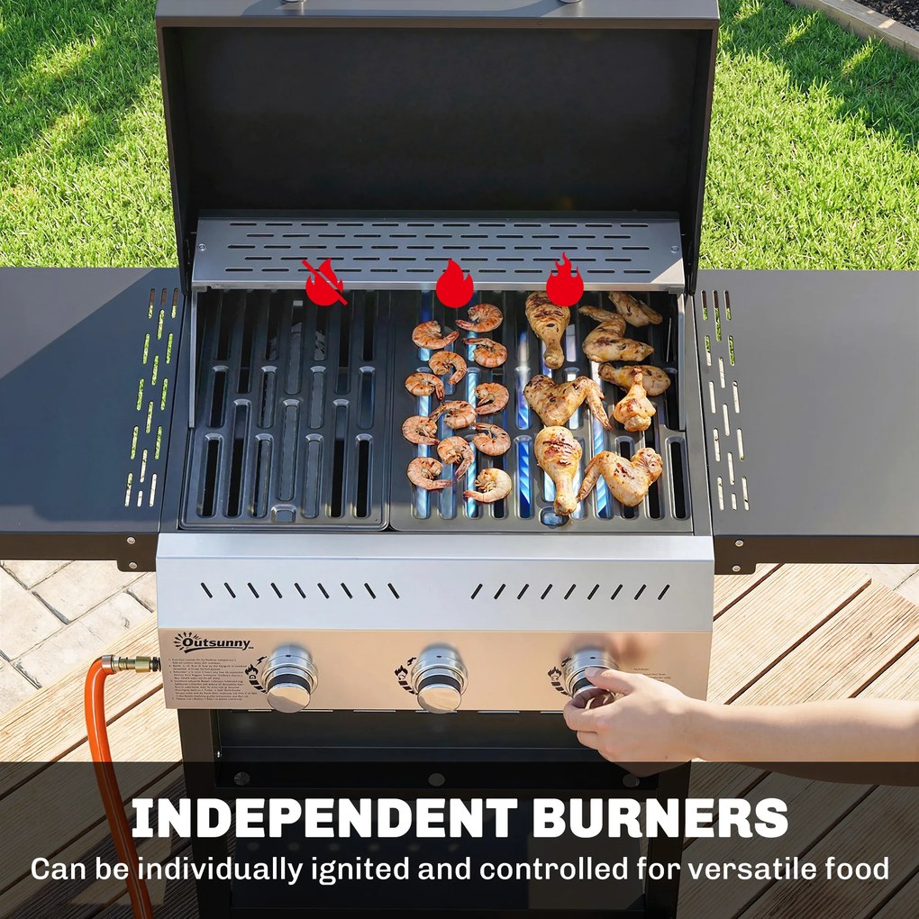 Outsunny Grill gazowy 9 kW 3 palniki BBQ wózek ze stali nierdzewnej ze składanymi półkami, uchwytem na przyprawy, dolną półką i 6 haczykami | Aosom PL
