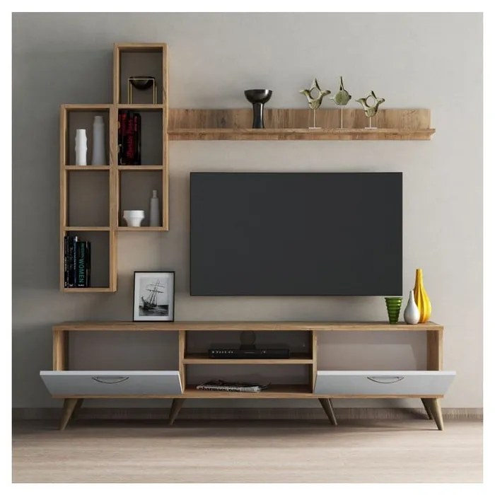 Biały zestaw pod TV w dekorze sosny 180x48 cm Veronica – Kalune Design