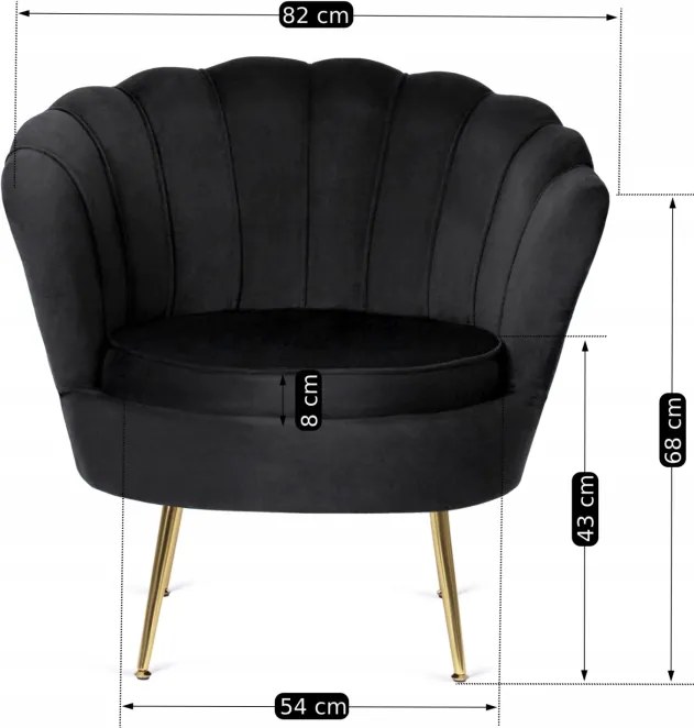 Fotel Wypoczynkowy do Salonu ANGEL Muszelka Czarny Welurowy Nowoczesny