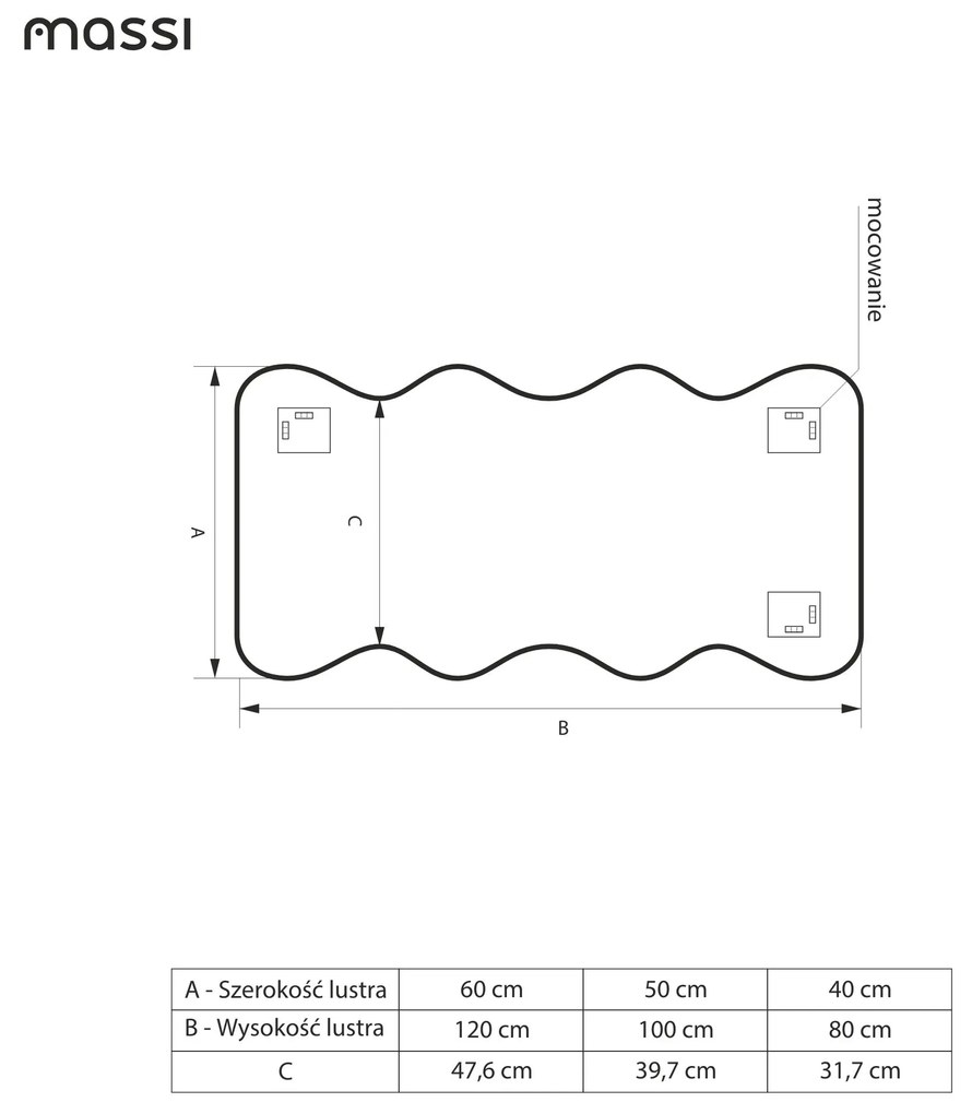 Massi Lustro dekoracyjne oszlifowane z podświetleniem WAVE Duo LED| Różne rozmiary | Różne kolory : Kolor tafli szkła - Srebrny, Rozmiar - 40 x 80 cm