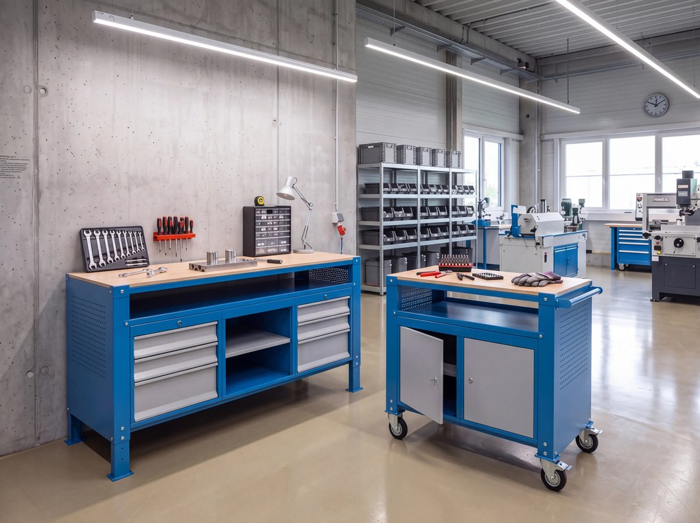 Mobilny stół warsztatowy G9, 1 szafka, 5 szuflad, 1180 x 595 x 865-1130 mm, szary/niebieski