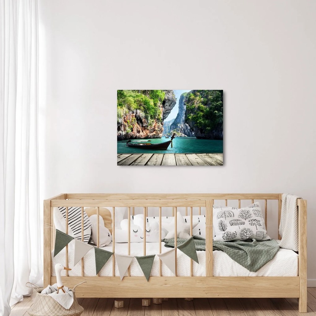 Obraz długiej łodzi na plaży (70x50 cm)