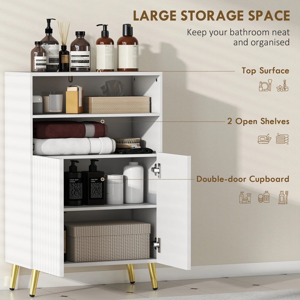 HOMCOM Szafka łazienkowa, komoda do pomieszczeń mieszkalnych, drzwi z cichym domykiem, 2 otwarte półki, MDF, Biały | Aosom PL