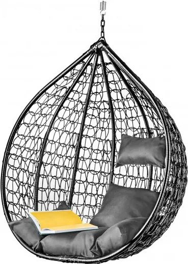 Czarne wiszące krzesło KOKON bez stojaka, szara poduszka