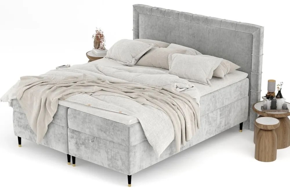 Jasnoszare łóżko boxspring ze schowkiem 160x200 cm Voyage – Maison de Rêve