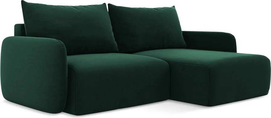 Ciemnozielony aksamitny rozkładany narożnik ze schowkiem (prawostronny/z szezlongiem) Kalena – Makamii