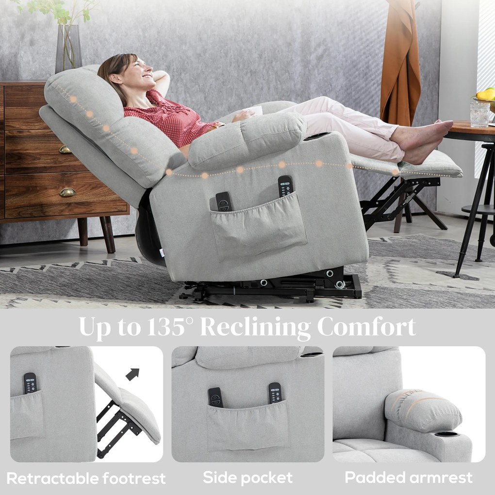 HOMCOM Fotel dla seniorów z funkcją podnoszenia, funkcja leżenia, pilot, 144 cm x 91 cm x 88 cm, jasnoszary