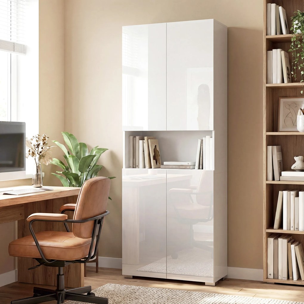 HOMCOM Wysoka szafka kuchenna 180 cm, z funkcją cichego zamykania i regulowanymi półkami, biały wysoki połysk | Aosom PL