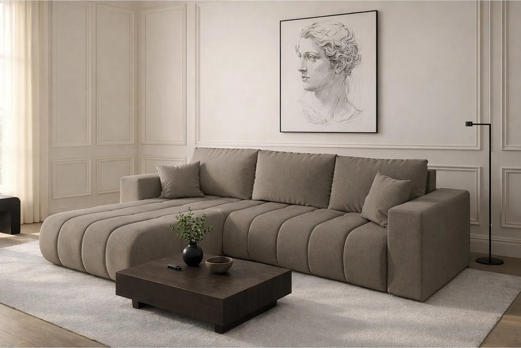 Narożnik z funkcją spania i pojemnikiem MILO PREMIUM, tkanina Wind, Stalowy, Lewy