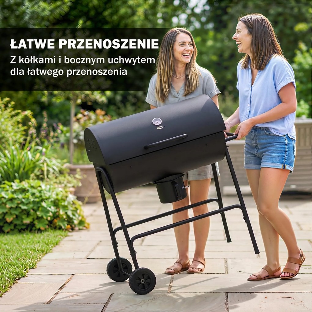 Outsunny Grill węglowy Metal BBQ z pokrywą Termometr Koła Wózek grillowy 95x71,5x102 cm Czarny