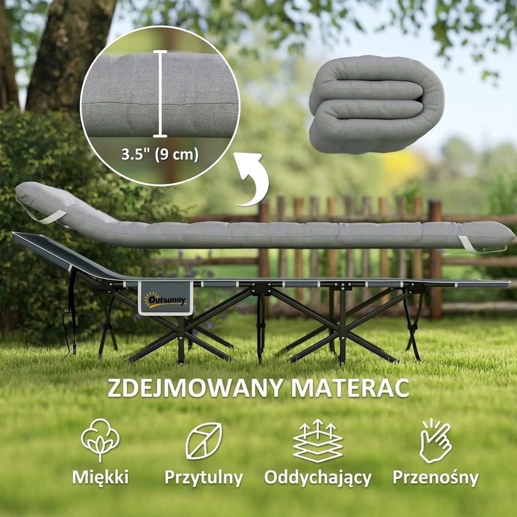 Outsunny Łóżko polowe składane z materacem, poduszką i boczną kieszenią 190 x 65 x 37 cm do 150 kg Jasnoszary
