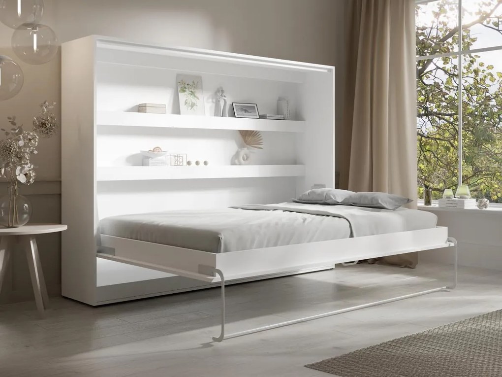 Łóżko chowane w szafie 140 × 200 cm – Otwieranie poziome manualne – Oświetlenie LED – Białe + Materac –  RAPILI