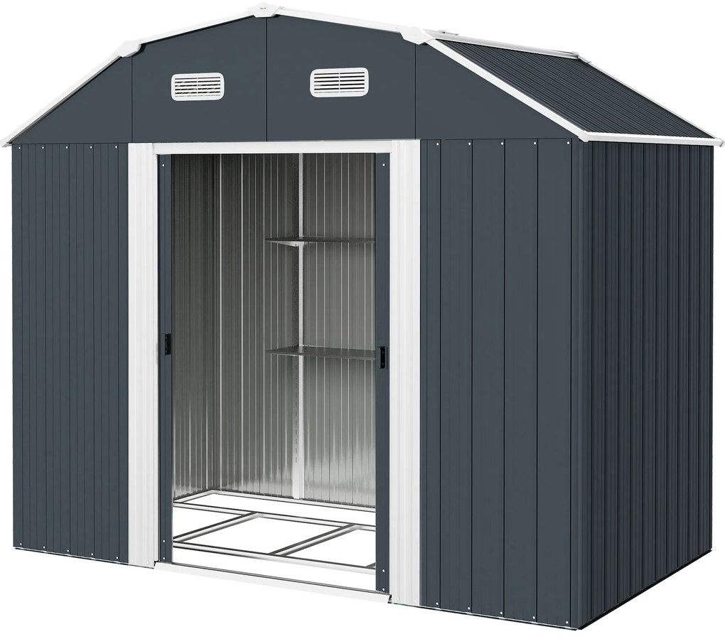 Outsunny Domek narzędziowy do ogrodu, odporny na warunki atmosferyczne, 2 okna, 2 drzwi, 238 x 132 x 198,5 cm, Ciemnoszary