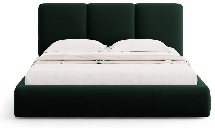Ciemnozielone aksamitne tapicerowane łóżko dwuosobowe ze schowkiem i stelażem 160x200 cm Brody – Mazzini Beds