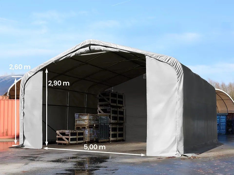 TOOLPORT 7x7m Hala namiotowa - 2,6 m wysokość ścian bocznych z 5x2,9m brama, PVC 850, szary, ze statyką (podłoże gruntowe) - (49467)