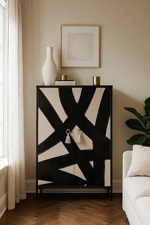 Komoda z MDF z 2 dekoracyjnymi drzwiami z graficznym motywem w kolorze czarnym i taupe