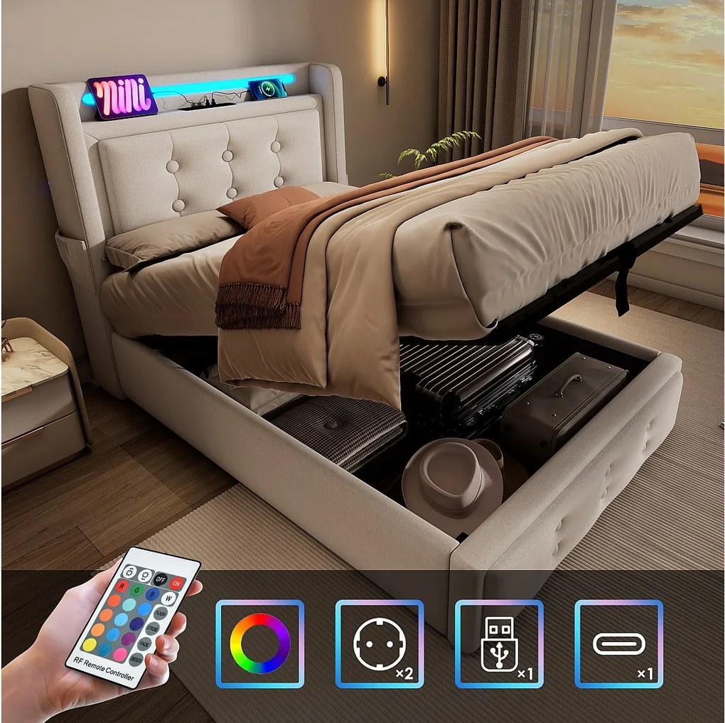 Łóżko z pojemnikiem 90 x 200 cm, zagłówkiem LED, gniazdem USB typu C - Tkanina bawełniana - Beżowe (bez materaca)