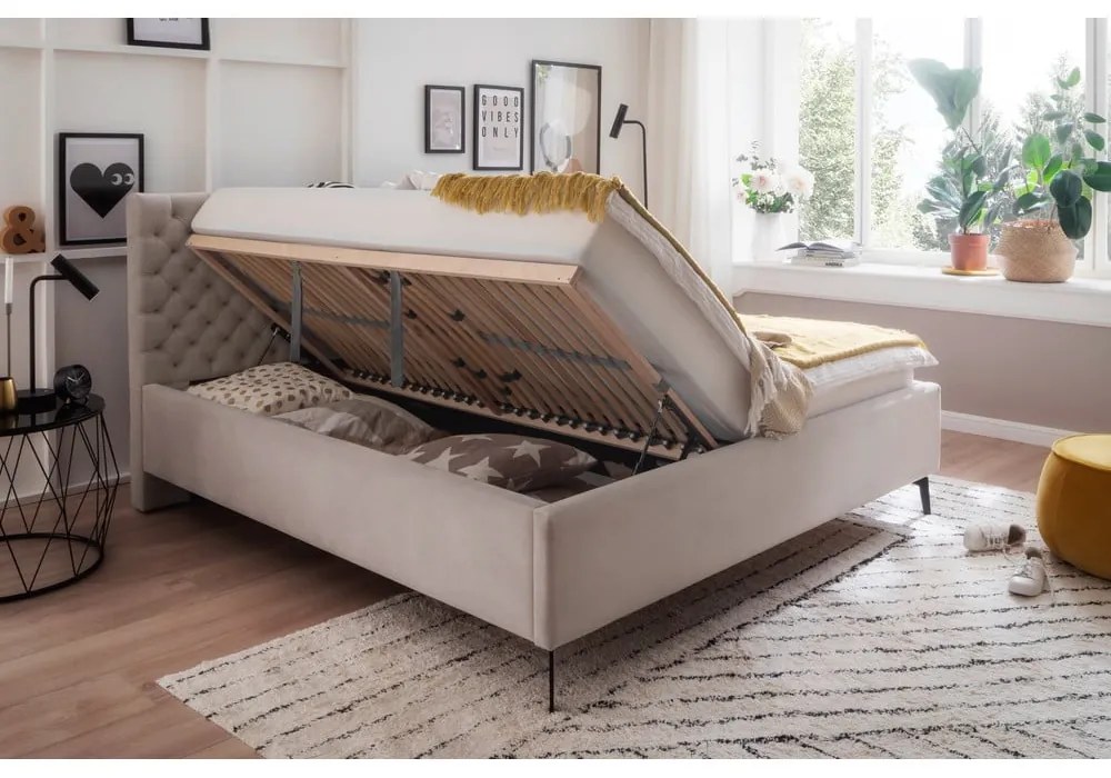 Beżowe tapicerowane łóżko dwuosobowe ze schowkiem i stelażem 180x200 cm La Maison – Meise Möbel