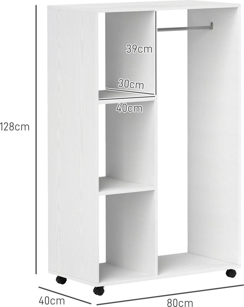 HOMCOM Szafa na Kółkach, Mobilna Garderoba, Szafa Garderobiana, Ruchoma Szafa na Ubrania, 80 x 40 x 128 cm, Biały