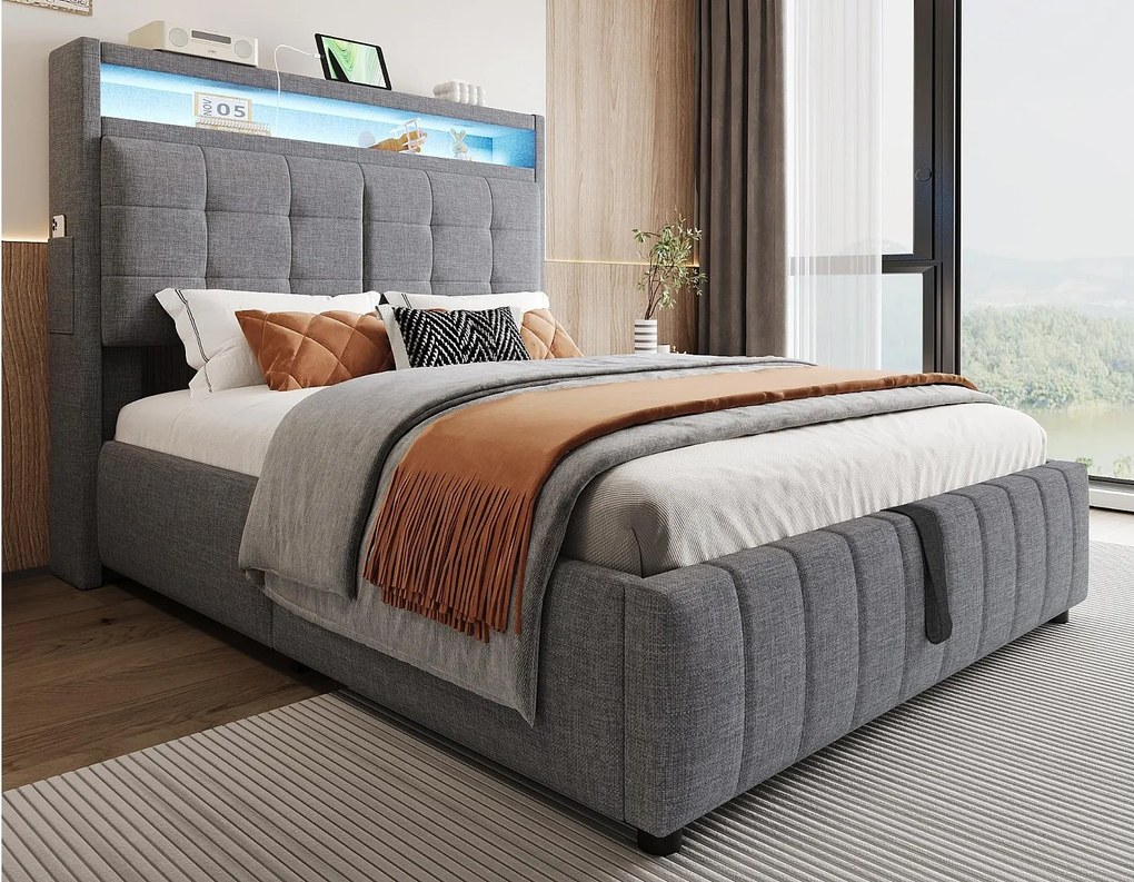Wyściełane łóżko do przechowywania pościeli - 140x200 cm - z diodą LED + gniazdem USB + podstawą z listew - Szare