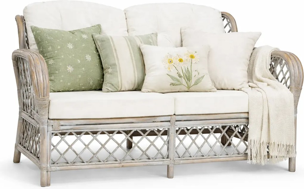 2-osobowa szara sofa rattanowa z lnianą tapicerką T1-E67