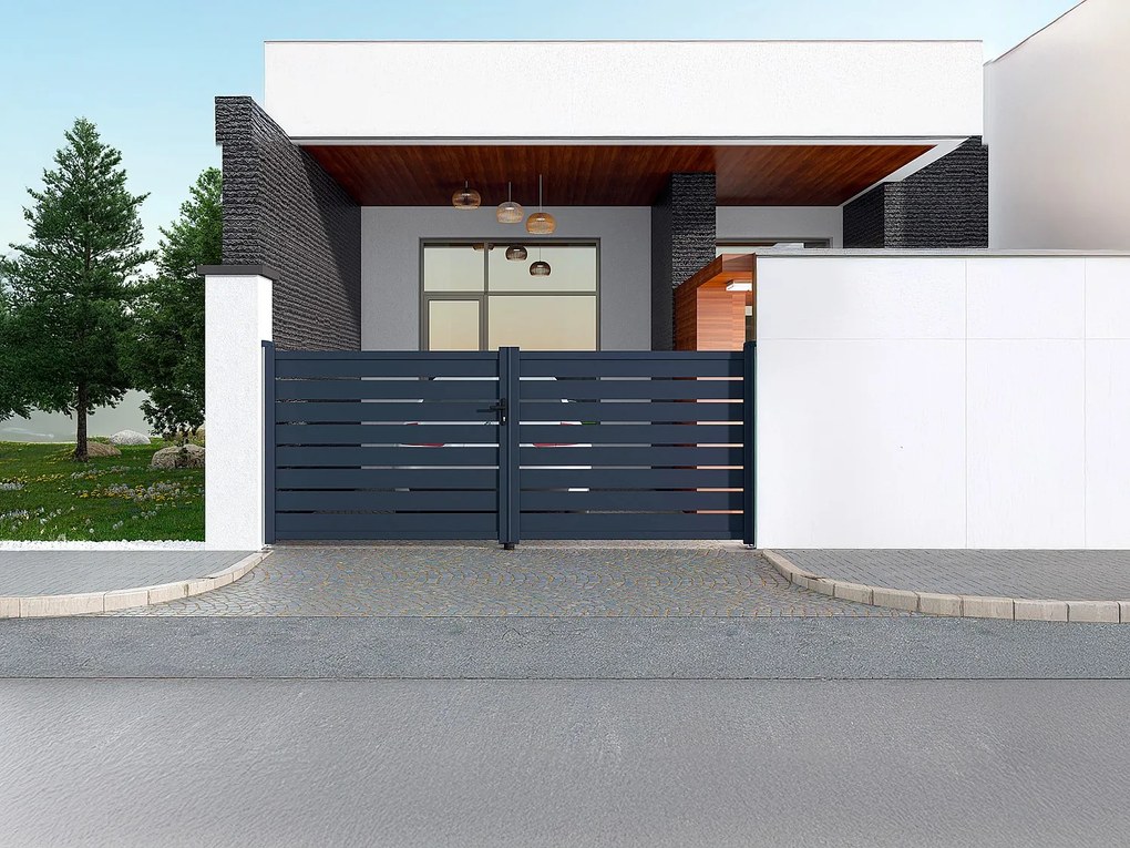 Brama wjazdowa rozwierna PRIMO, ażurowa, z aluminium w kolorze antracytowym – 392 × 158 cm (szer. × wys.)