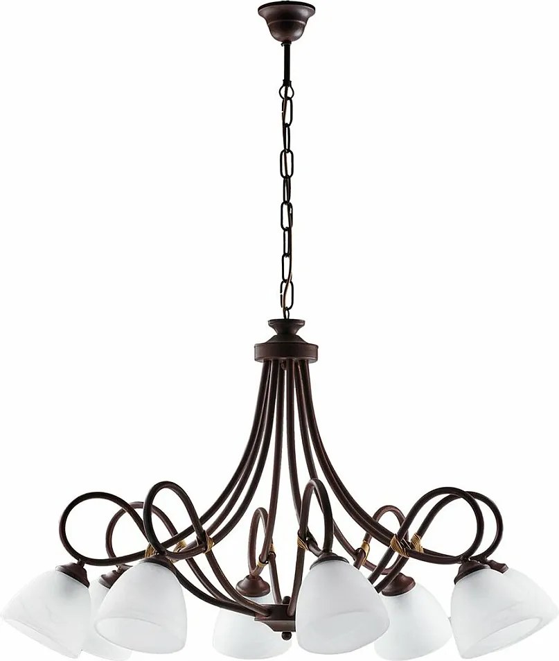 Dallas - żyrandol z czarnego lakierowanego żelaza, dekor imitujący rdzę, stare złoto, białe klosze alabastrowe Ø13 cm, klasyczny styl, 8 świateł