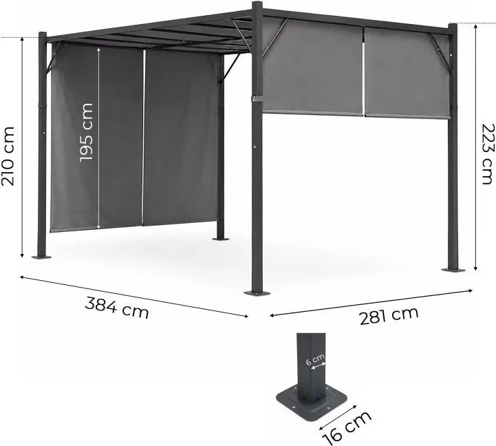 Szara pergola ogrodowa FG-362 z regulowanym zadaszeniem i roletami bocznymi
