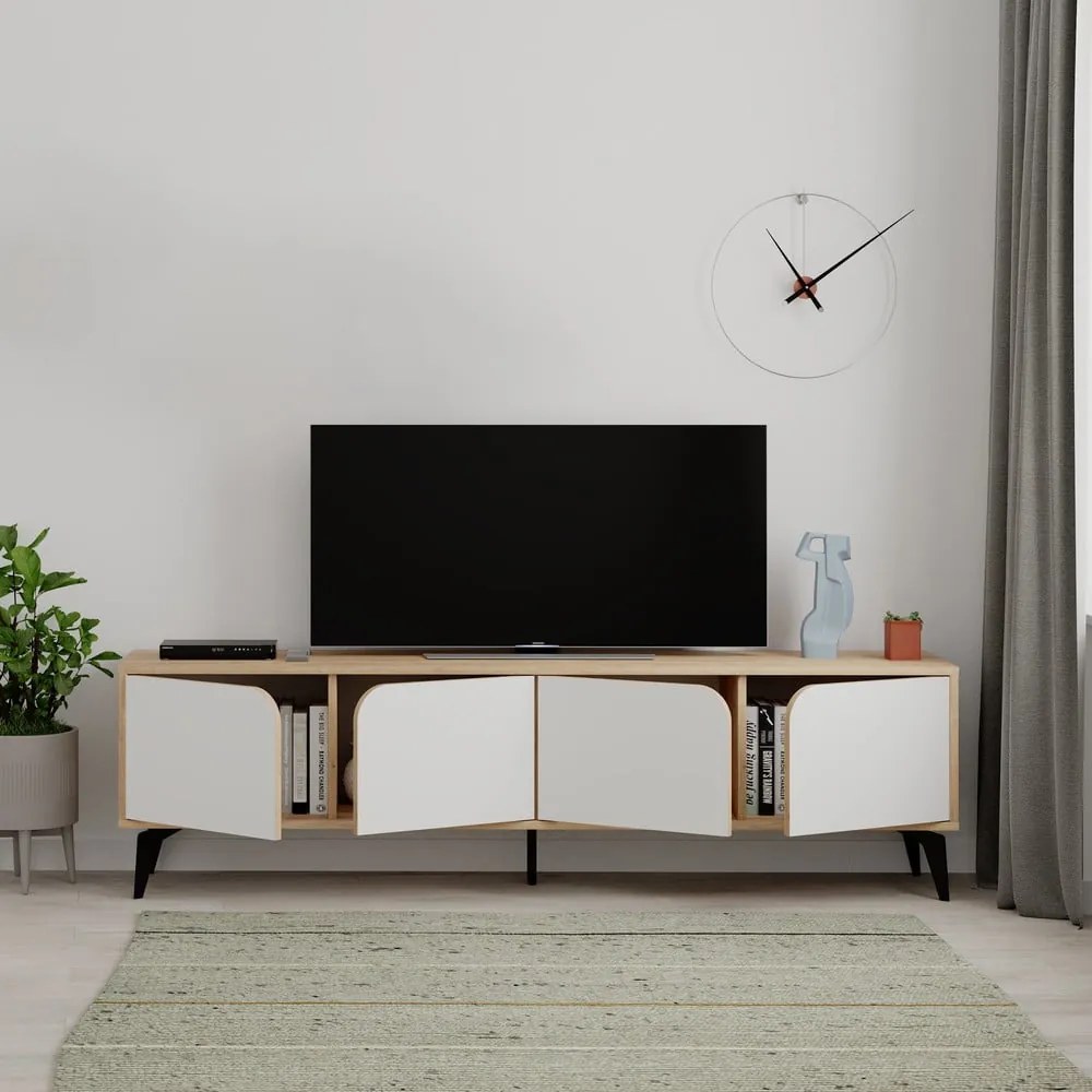 Biała szafka pod TV w dekorze dębu 180x51 cm Nola – Marckeric