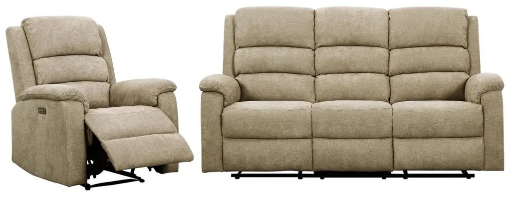 Kanapa 3-osobowa i fotel z elektryczną funkcją relax rozkładany z tkaniny taupe NEVERS