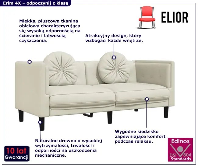 Kremowa stylowa sofa 2-osobowa z poduszkami Arsa 9X