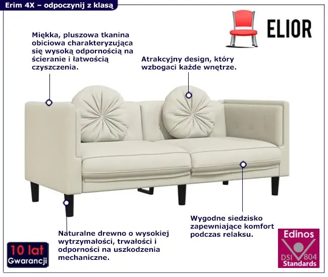 Kremowa stylowa sofa 2-osobowa z poduszkami - FINO 4X