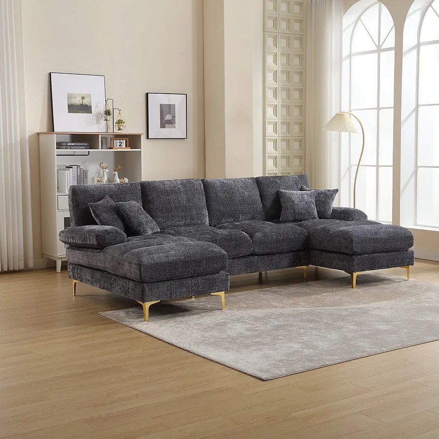 Nowoczesna sofa w kształcie litery U - 272 x 136 x 88 cm - z 2 rozkładanymi siedziskami do salonu i sypialni - Chenille - szara